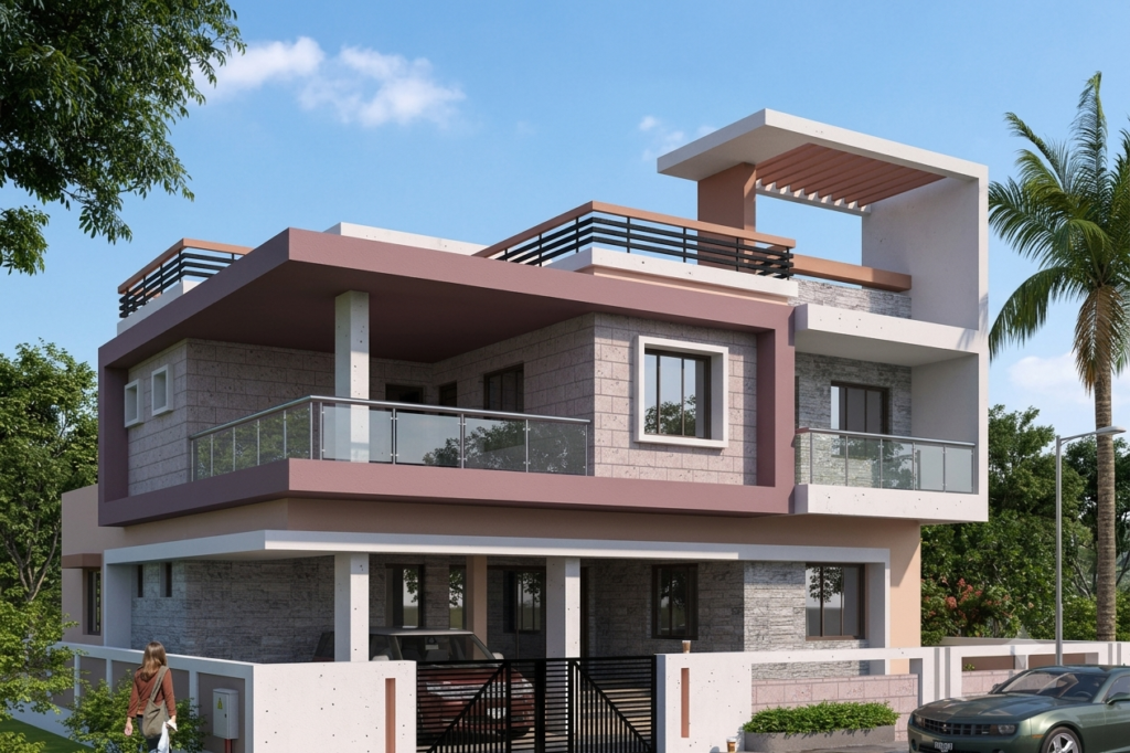 a modern two-story residential villa that pairs earthy tones with clean geometric lines. The architectural design features a prominent dusty-rose framing band on the upper level