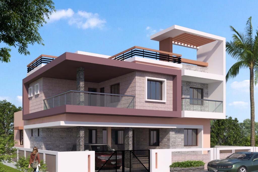 a modern 3D two-story residential villa that pairs earthy tones with clean geometric lines. The architectural design features a prominent dusty-rose framing band on the upper level